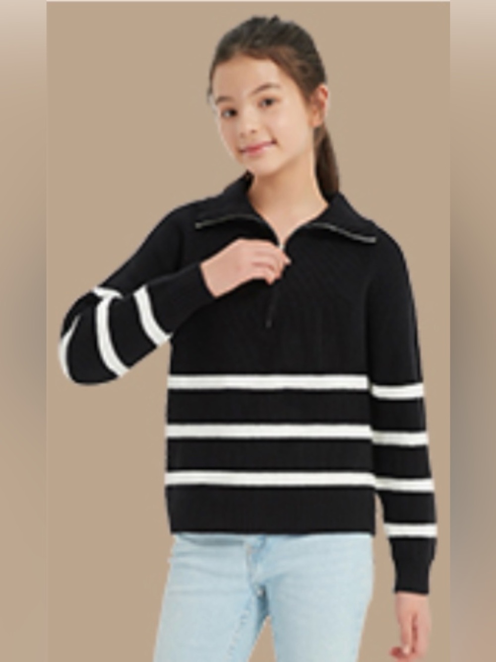 075 NIB EXARUS Girls Striped Relaxed Fit Kids Quarter Zip Sweater - Size: 10